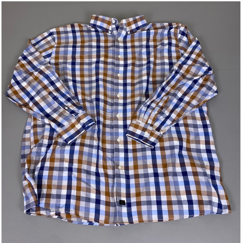 FX Fusion Button Down Shirt Men's Size 2XL Blue Brown Plaid Gingham Long Sleeve